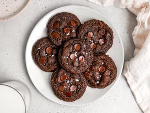 Easy chocolate chocolate cookies on a white plate.