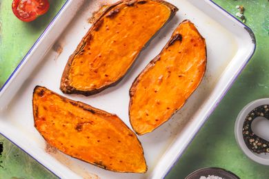 cooked sweet potatoes on a platter 