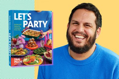 A cookbook titled Lets Party and a smiling Dan Pelosi next to it