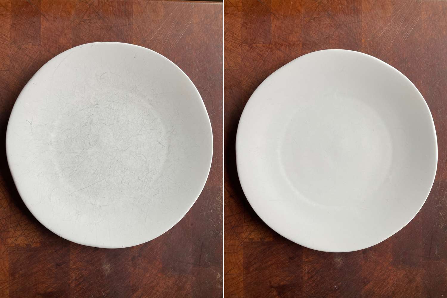 A before and after photo showing a white plate covered in grey scratch marks on the left and a plate that has been cleaned with Bar Keeper's Friend on the right