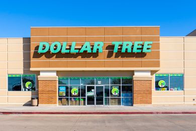Photo of a Dollar Tree store front with sign and blue sky visible above