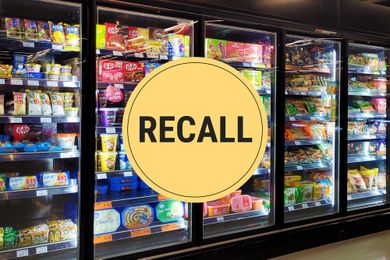 Supermarket freezer section with a yellow circle and the word RECALL overlaid