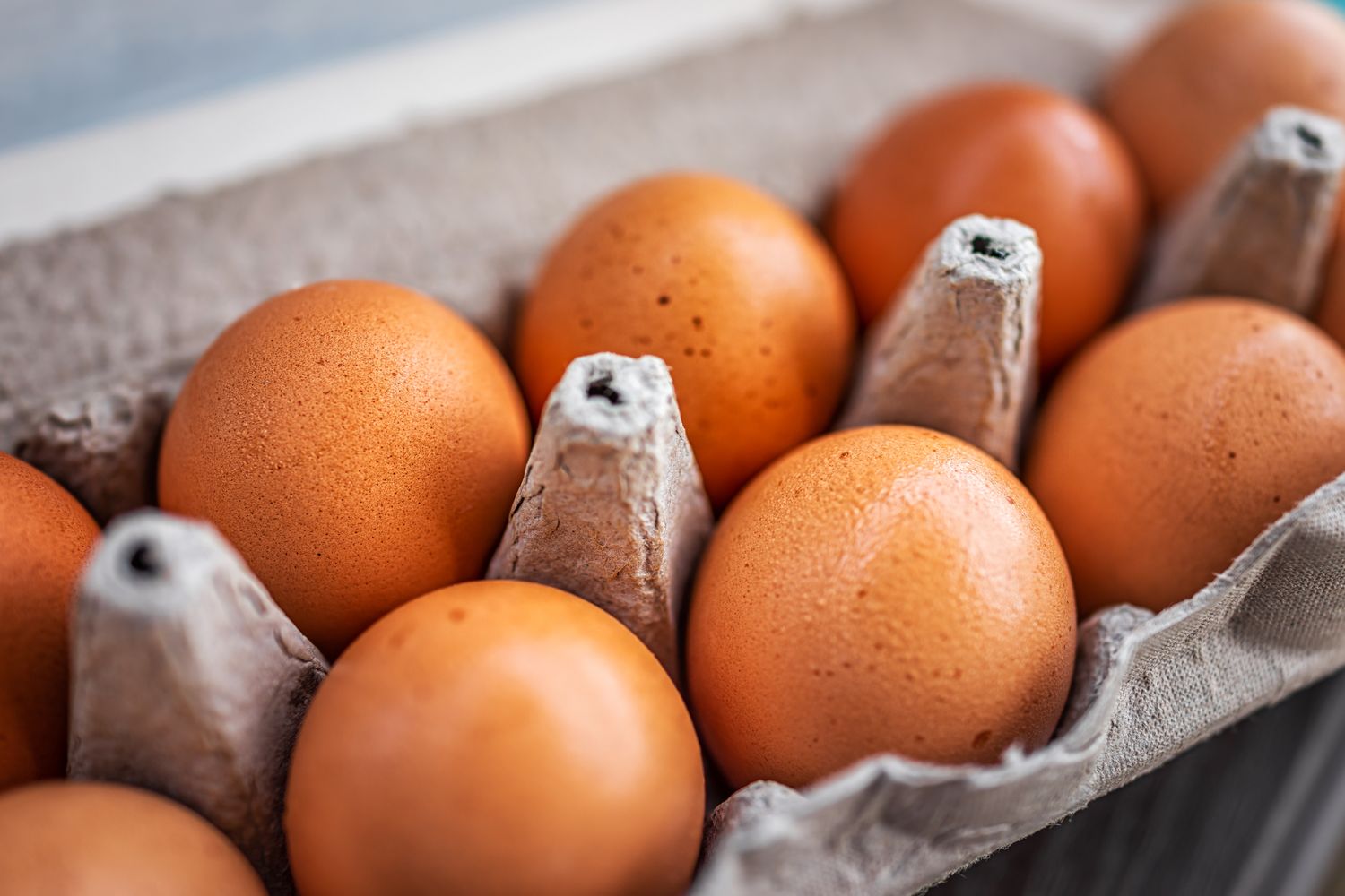A carton holding several brown eggs