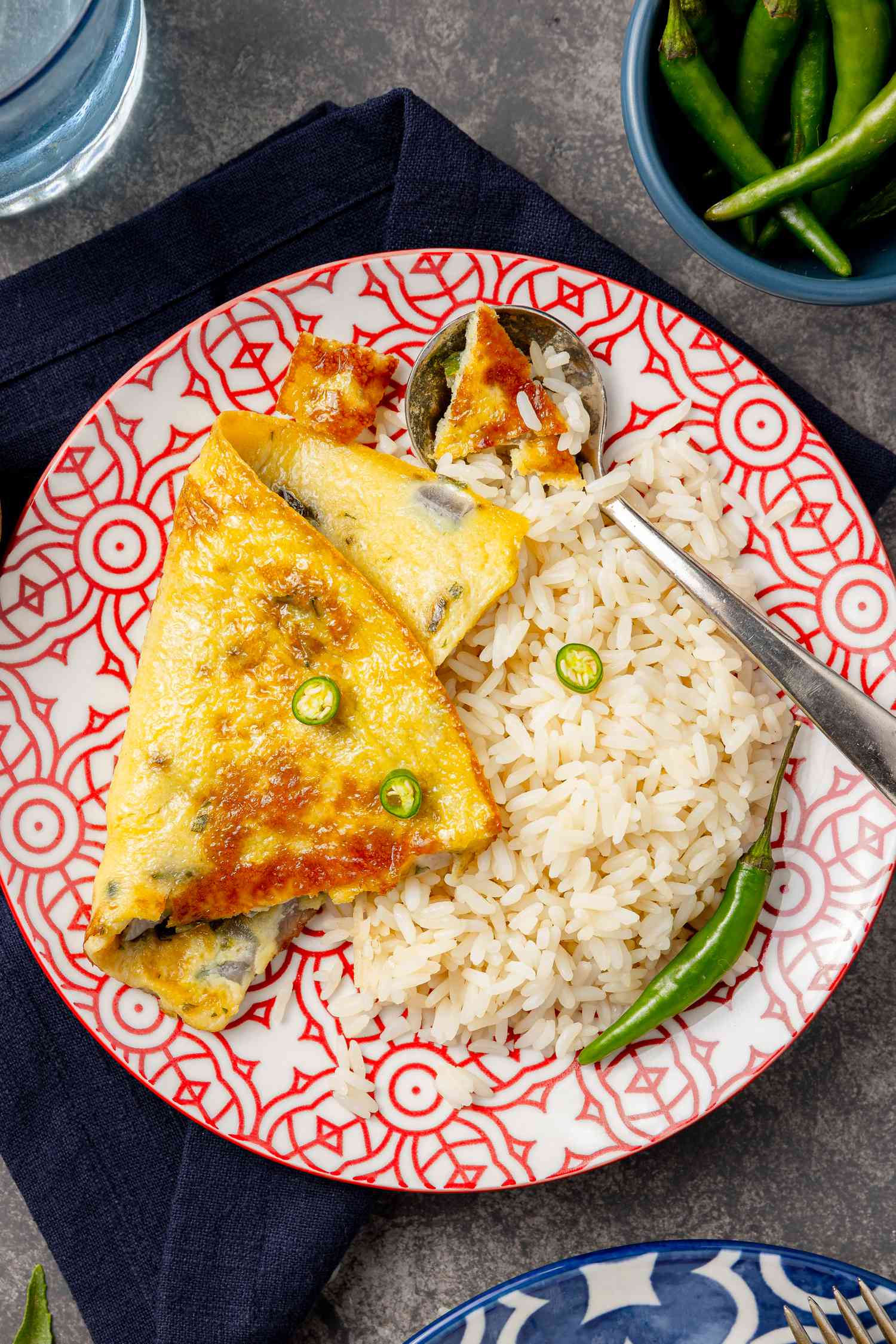 Motta Porrichu (Spicy Coconut Ginger Omelette) with Rice and Peppers