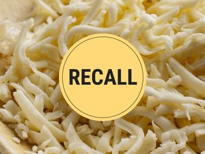 Shredded mozzarella cheese with a recall notice overlay