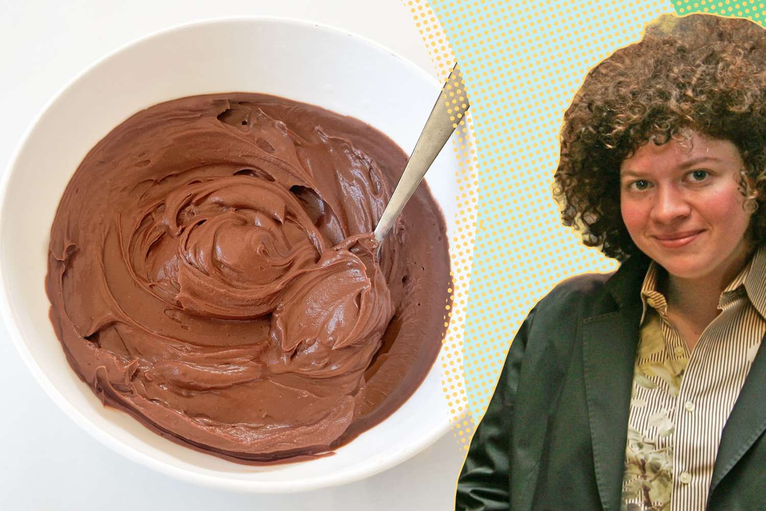 A split image of a bowl of chocolate frosting and Julia Turshen