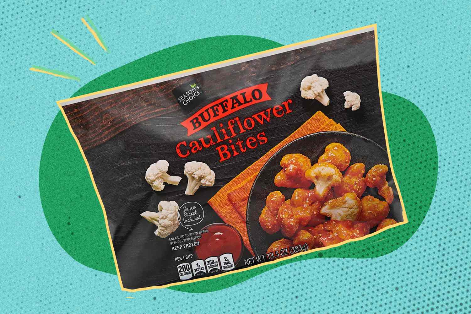 A package of frozen buffalo cauliflower bites with an image of the product on the front of the packaging
