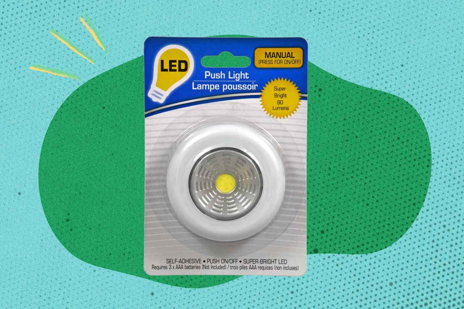 LED push light packaging with product displayed on a colorful background