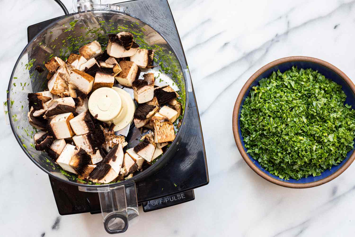 Chopped Portobello in a Food Processor and Next to It, a Bowl of Minced Kale for Egg Bite Recipe