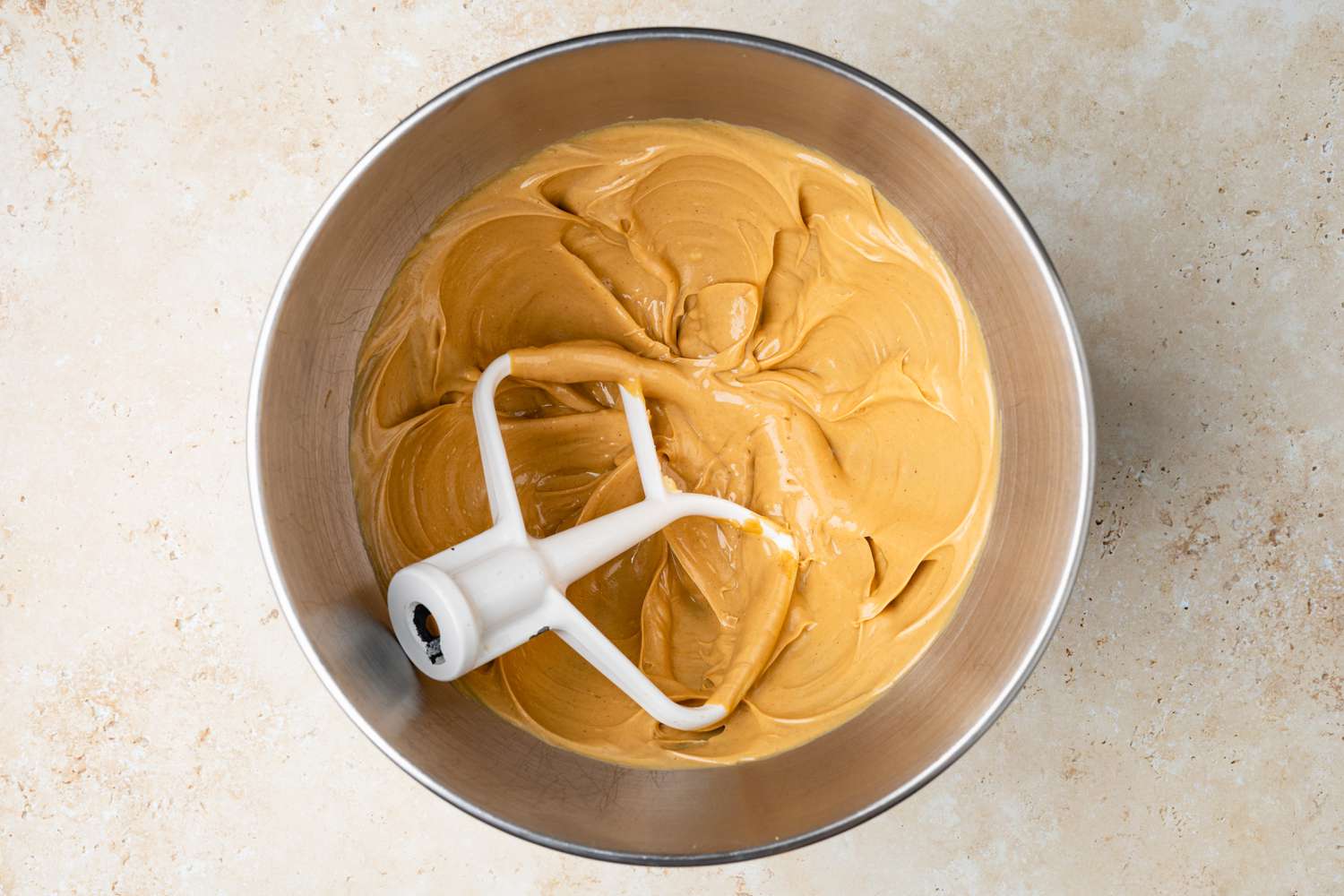 Peanut Butter and Butter Creamed in Mixer Bowl for Peanut Butter Cup Cookies Recipe