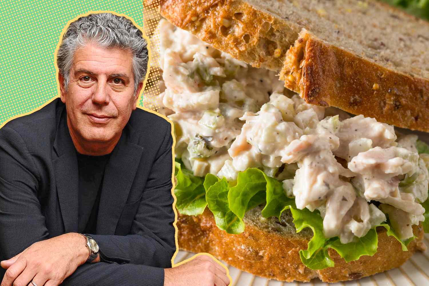 anthony bourdain cut-out next to a photo of chicken salad sandwich