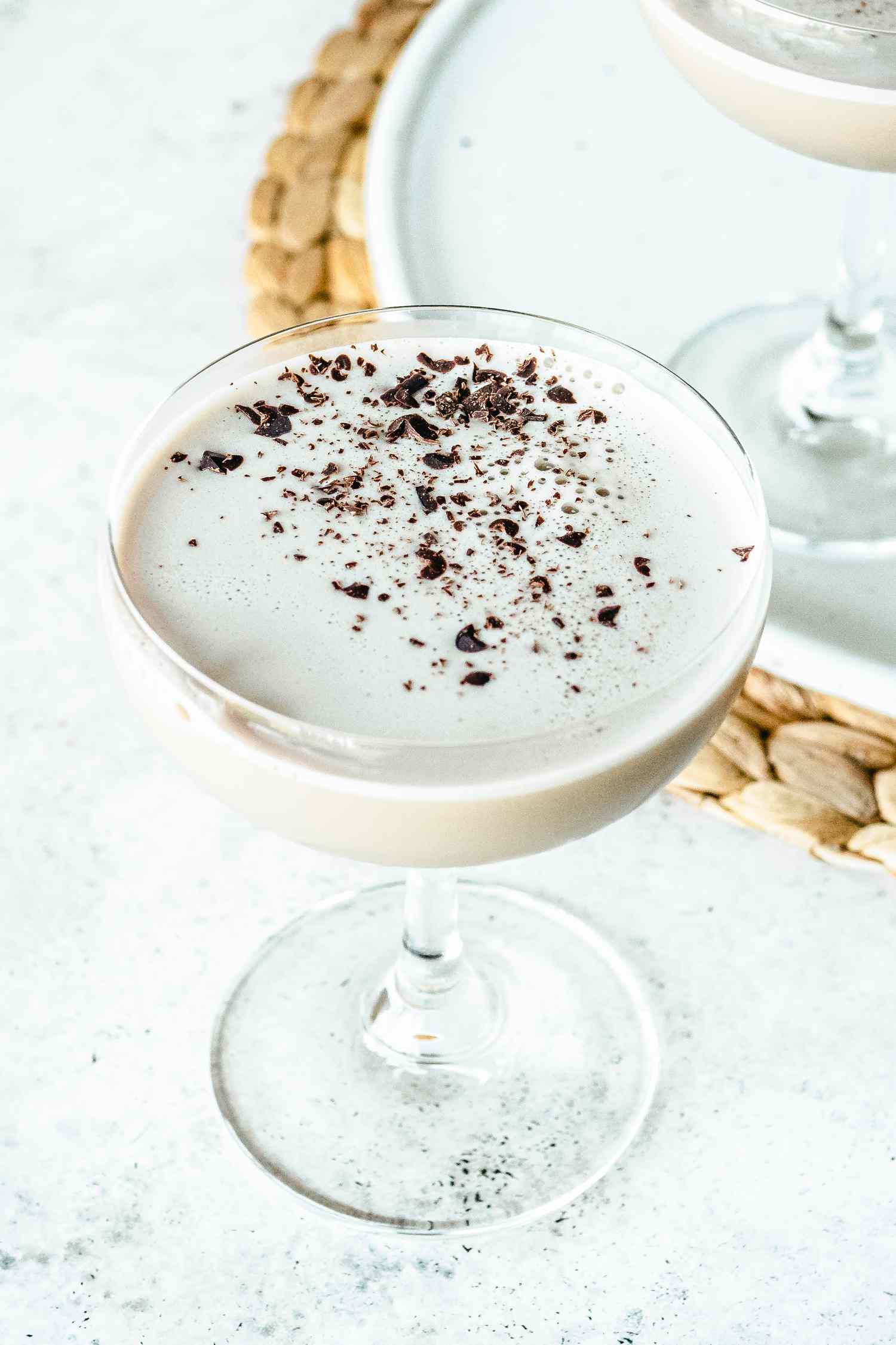 Creamy coffee cocktail in a stemmed glass.