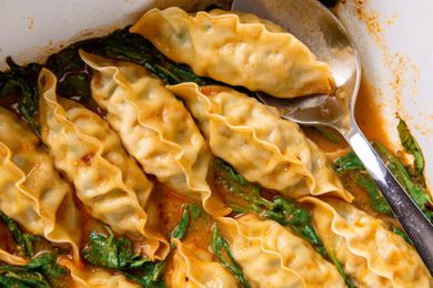 close up of Dumpling Bake With Peanut Butter Sauce