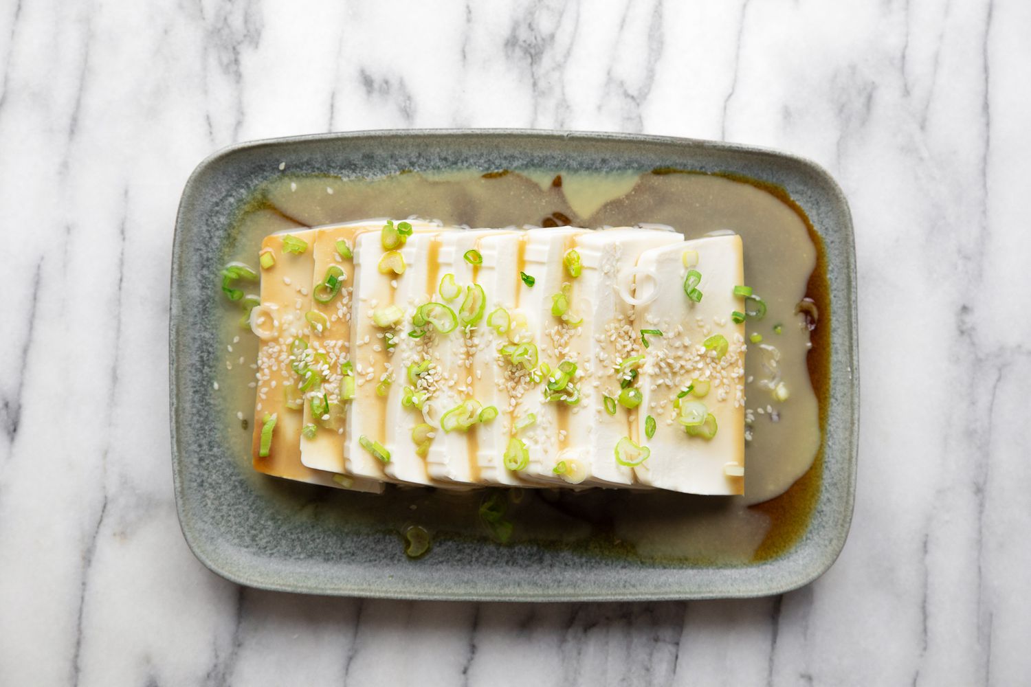 Silken Tofu with Sesame Soy Sauce on a Platter