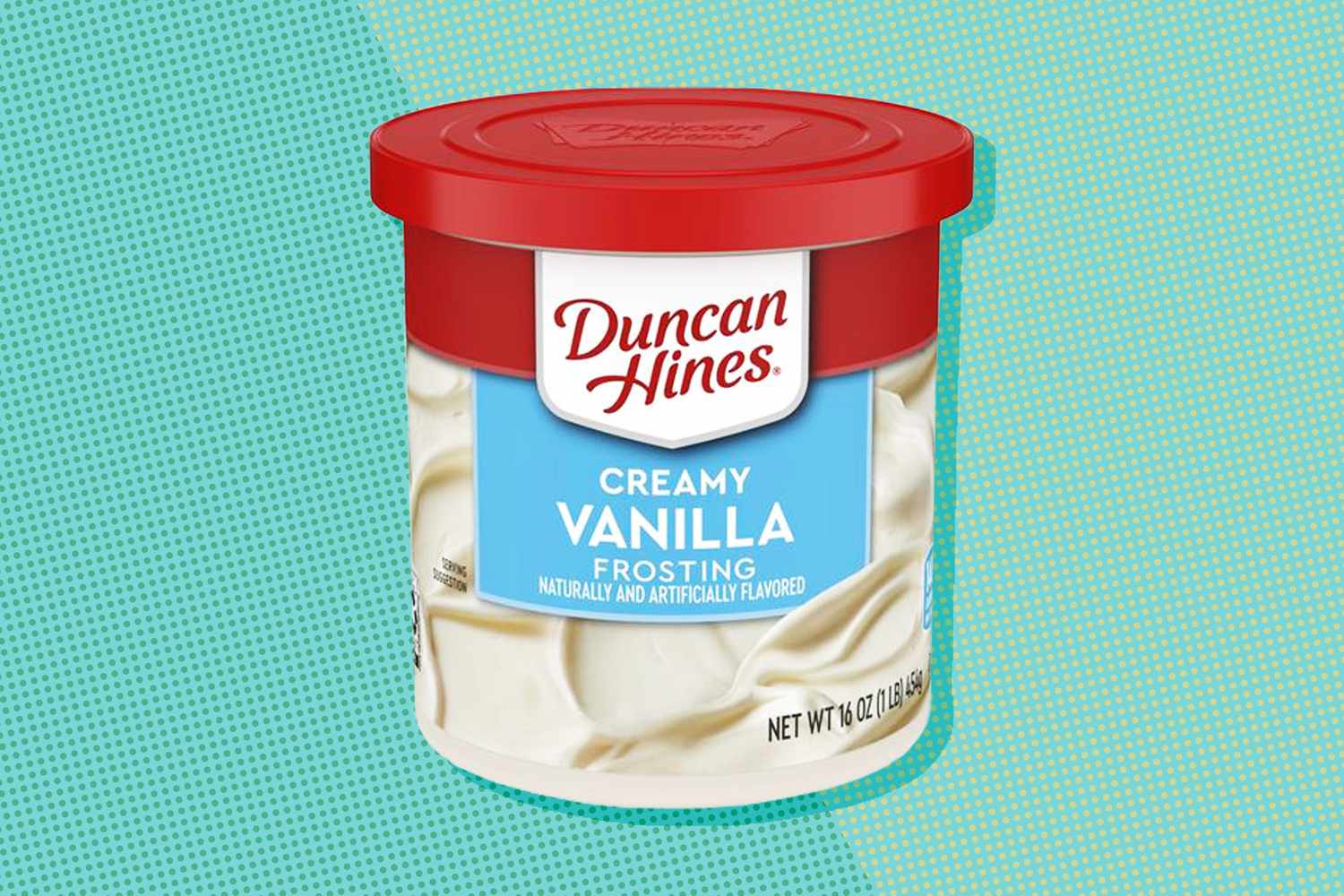 Container of Duncan Hines creamy vanilla frosting