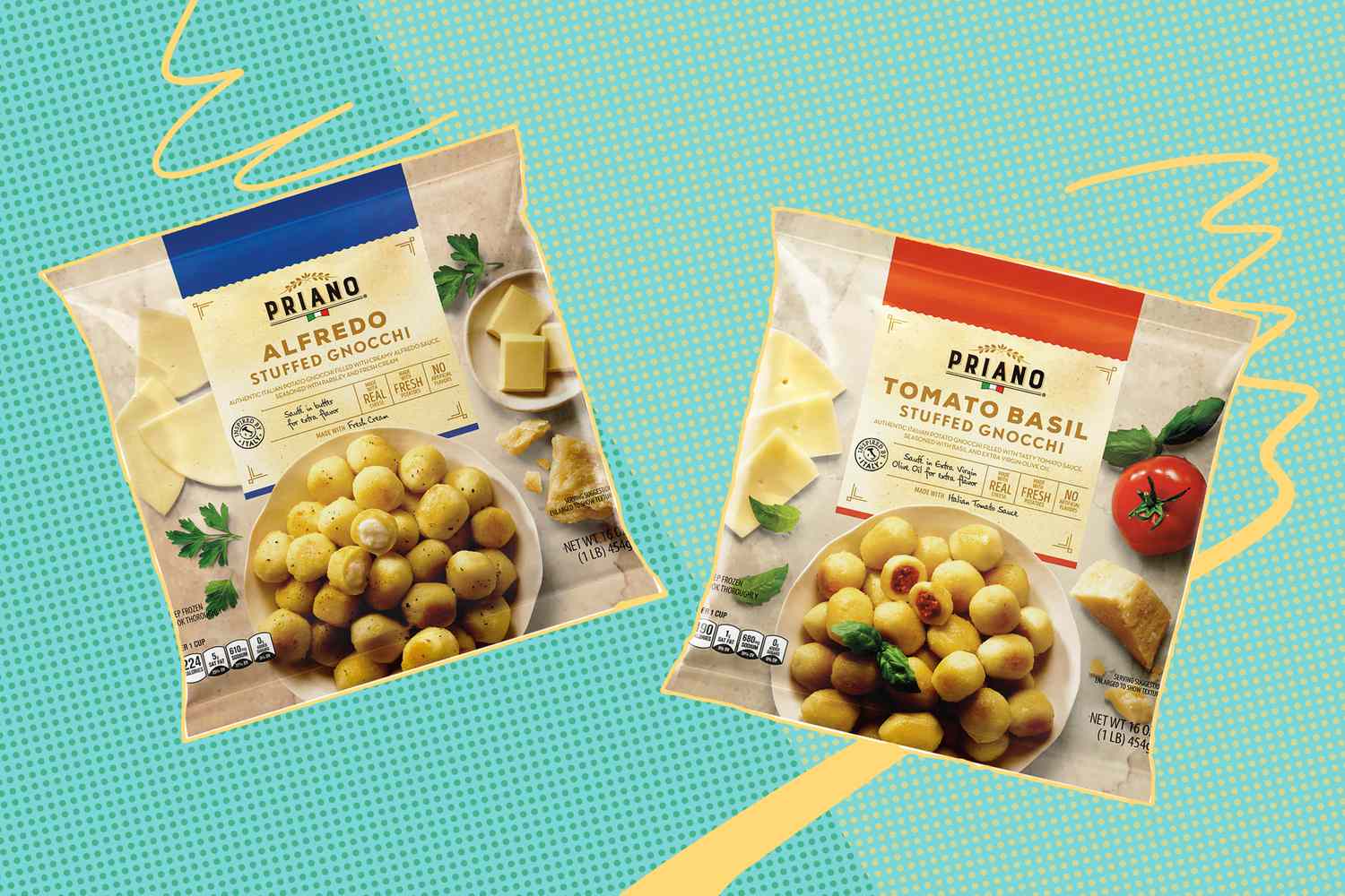 Two packages of Priano stuffed gnocchi Alfredo and Tomato Basil varieties