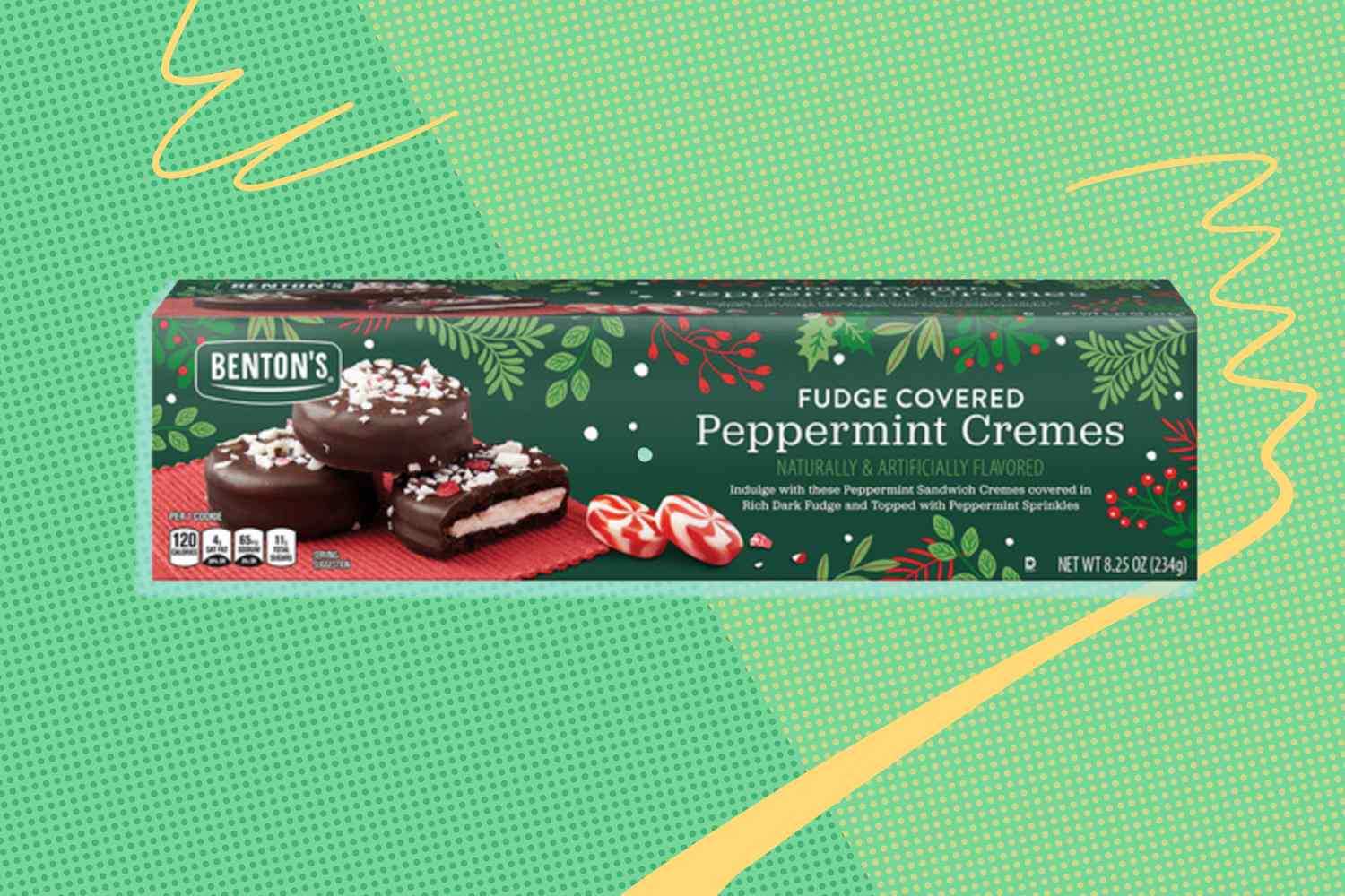 A box of Bentons Fudge Covered Peppermint Cremes on a festive background