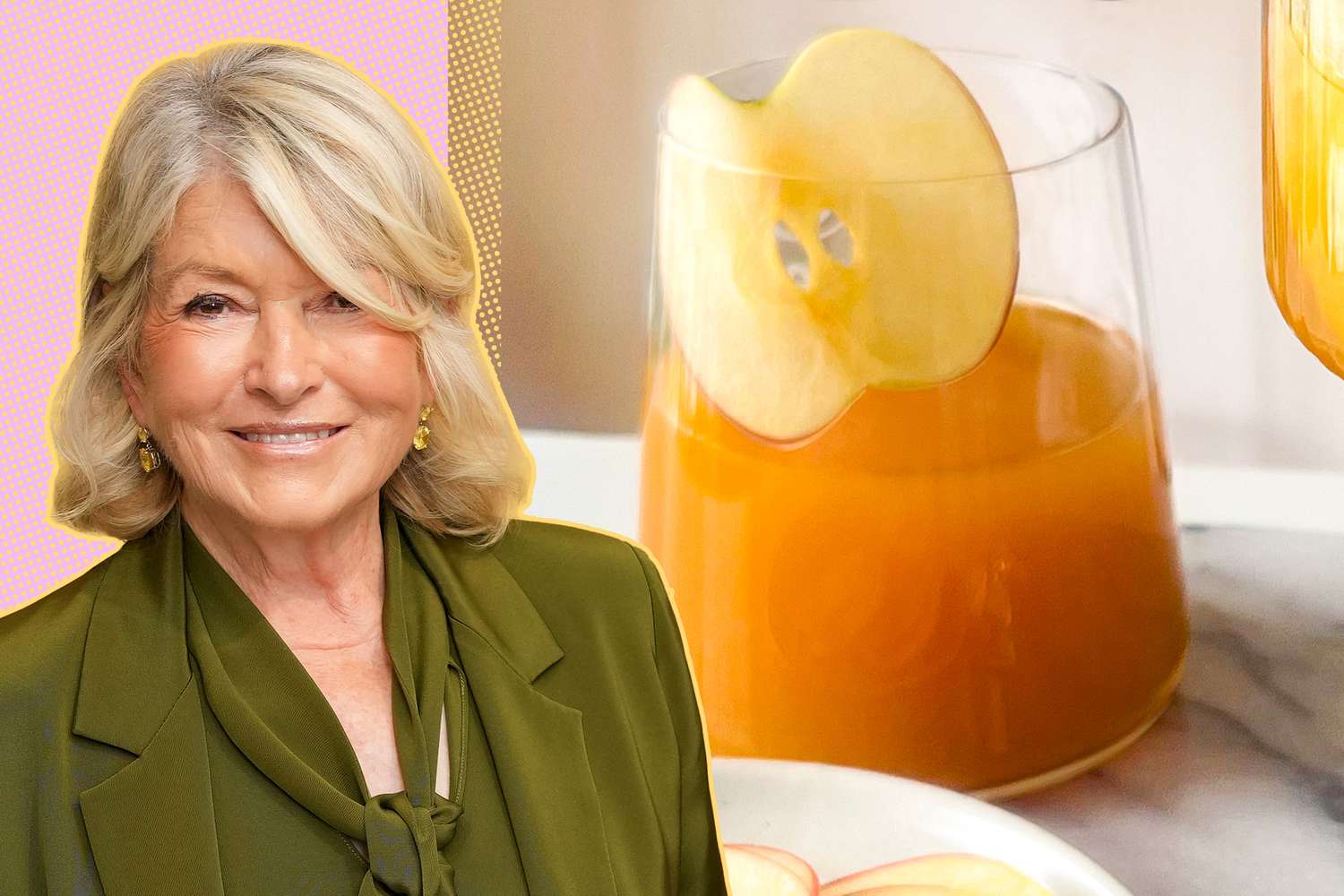 A split image of Martha Stewart and a cocktail garnished with a slice of apple
