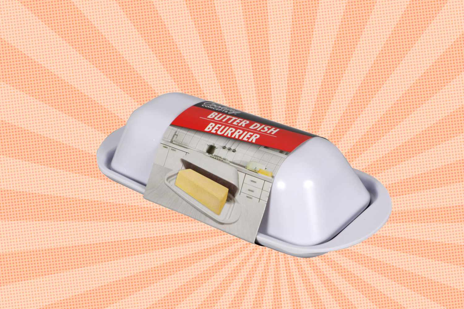 A melamine butter dish with a labeled cover