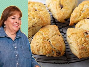 Ina Garten next to a tray of baked scones