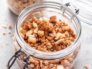 Stovetop Breadcrumb Recipe - swing top lid jar filled with toasted breadcrumbs