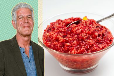 A split image of Anthony Bourdain and a bowl of cranberry relish