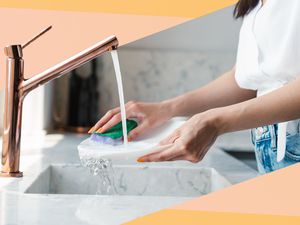 A woman washing a plate in the kitchen sink