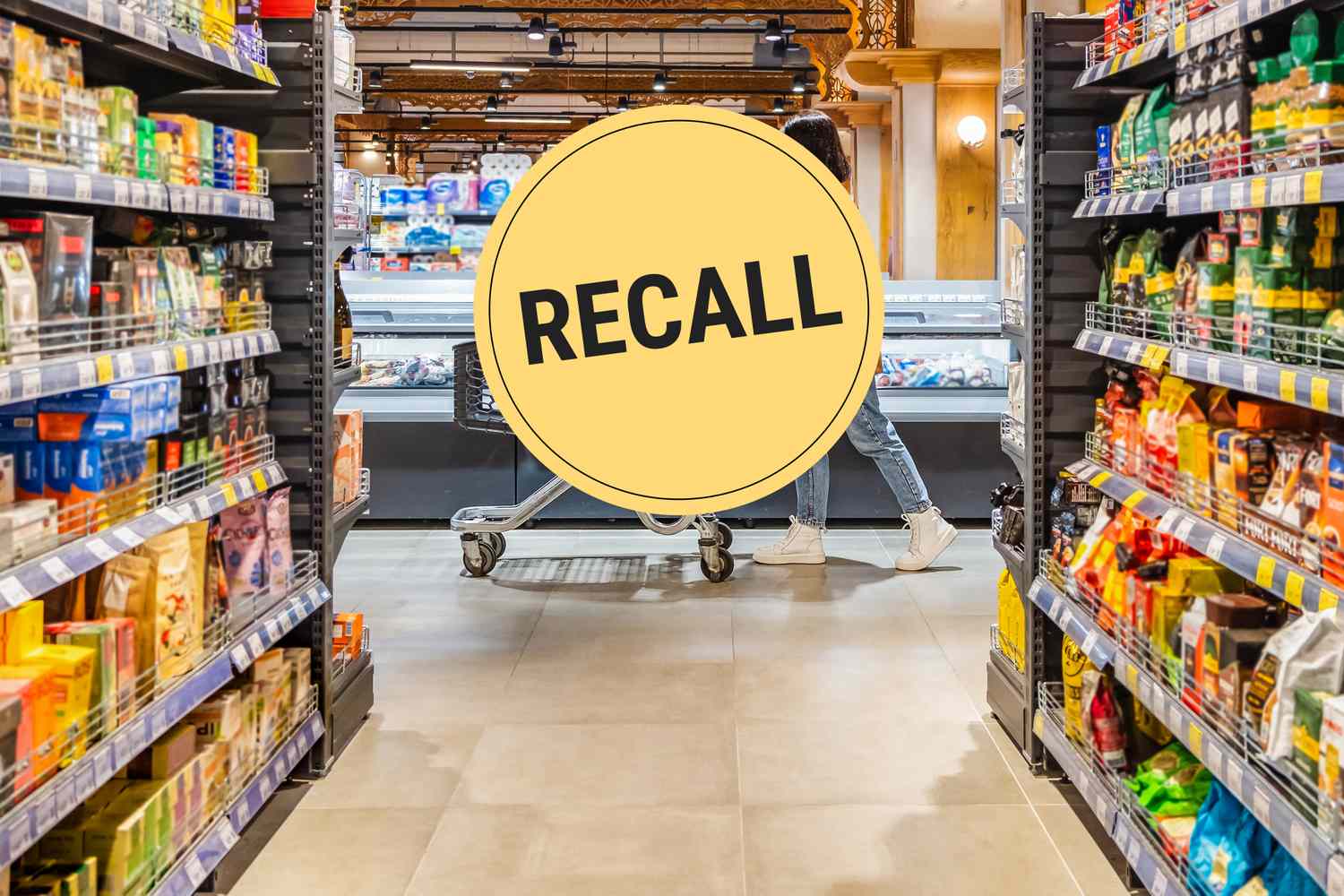 Grocery store aisle with a recall notice icon overlayed
