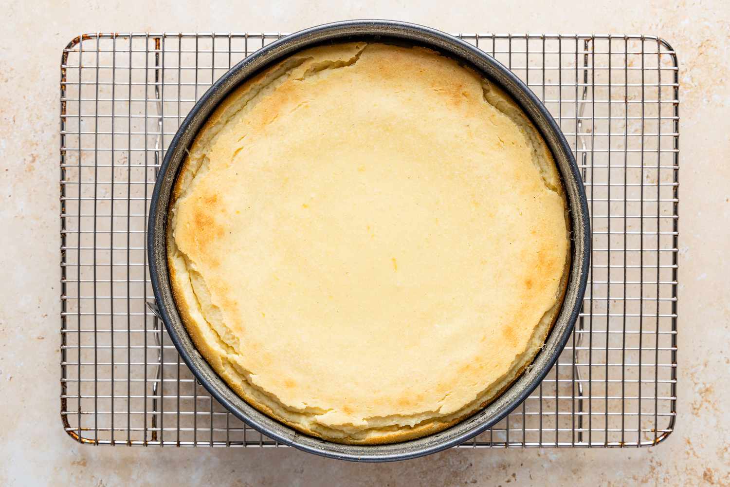 baked cake in pan on a cooling rack