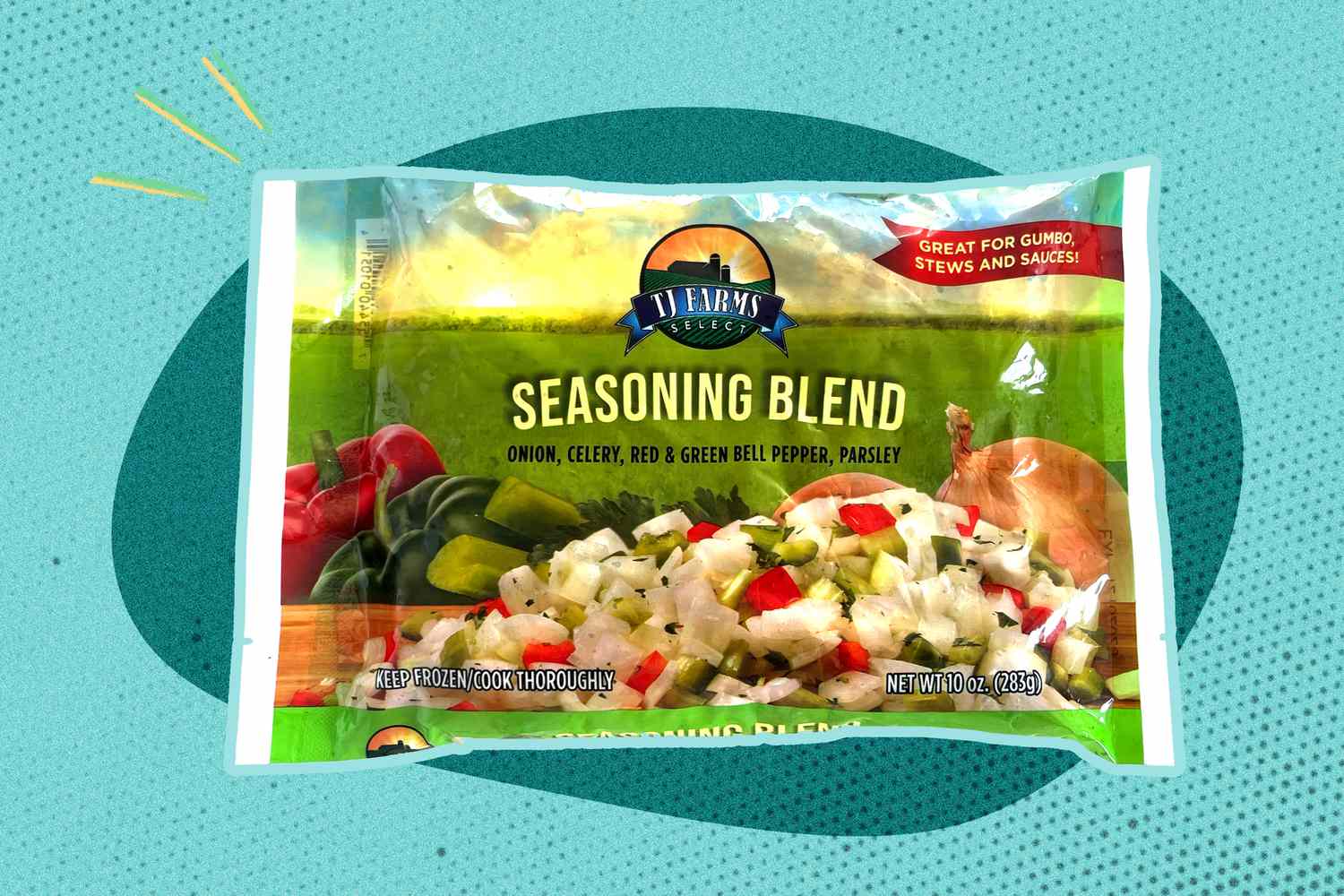 A bag of TJ Farms frozen seasoning blend, showing onion, celery, red and green bell pepper, and parsley in the mix
