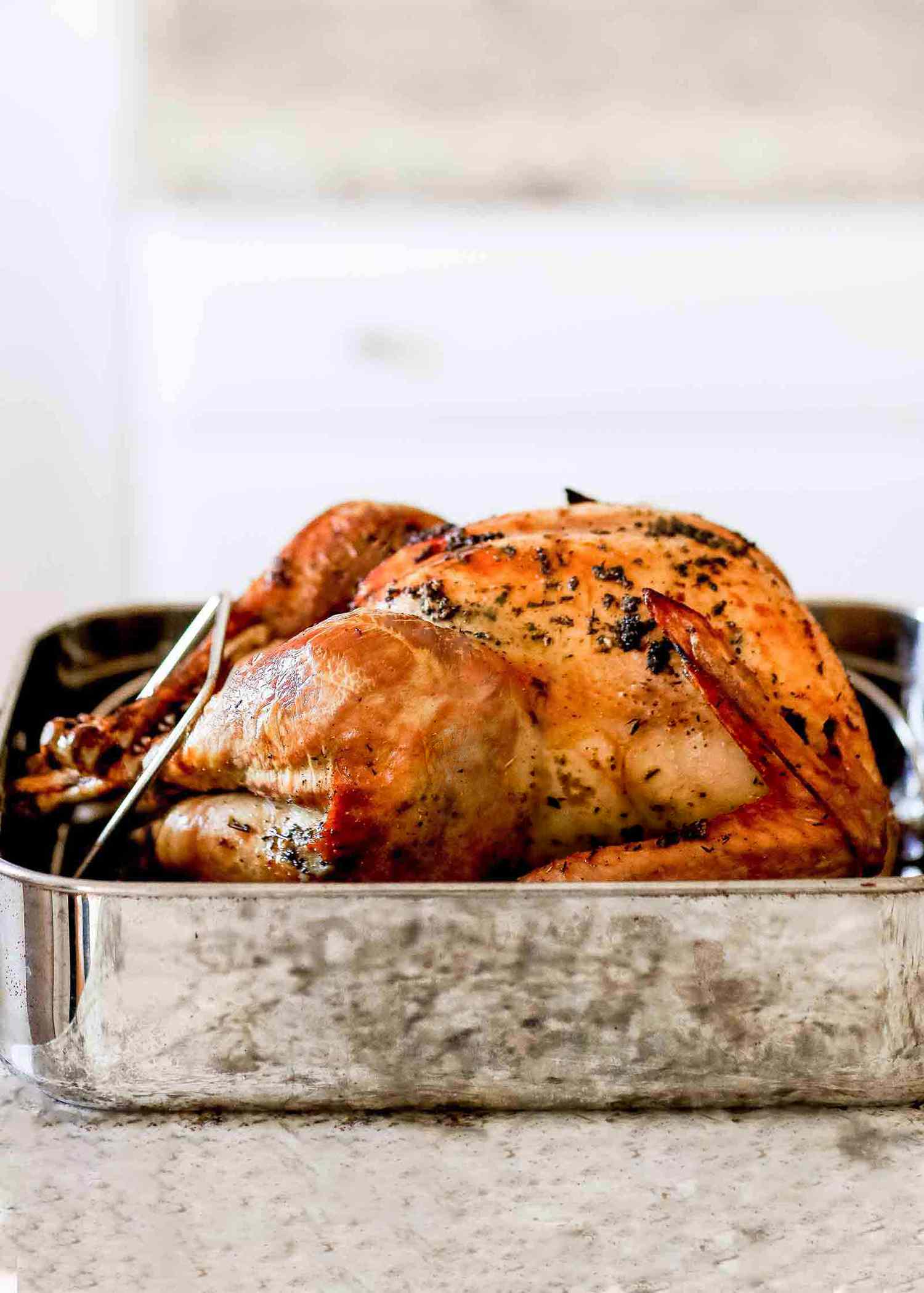 A whole roasted turkey in a roasting pan