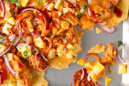 overhead close-up view of BBQ Chicken Sheet Pan Nachos