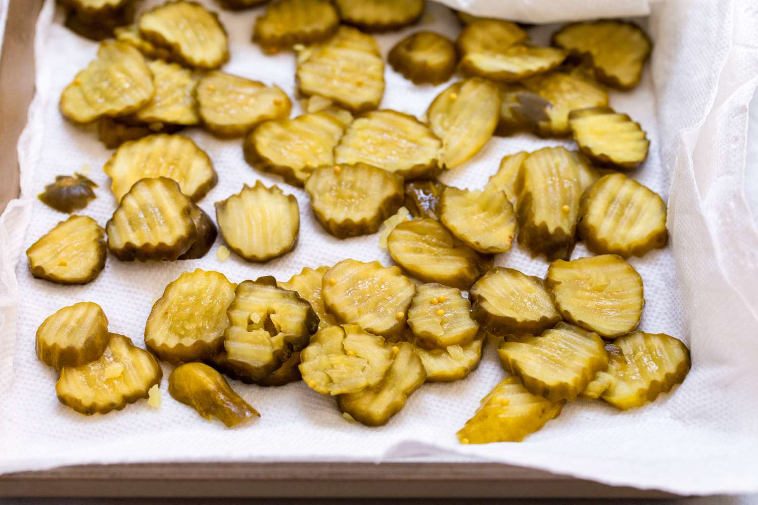 Pickles on a Paper Towel to Remove Excess Moisture for Fried Pickle Recipe