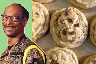 Headshot of Snoop Dogg next to photo of chocolate chip cookies