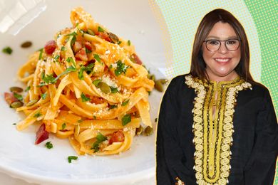 A split image of Rachael Ray and a plate of pasta garnished with herbs and cheese