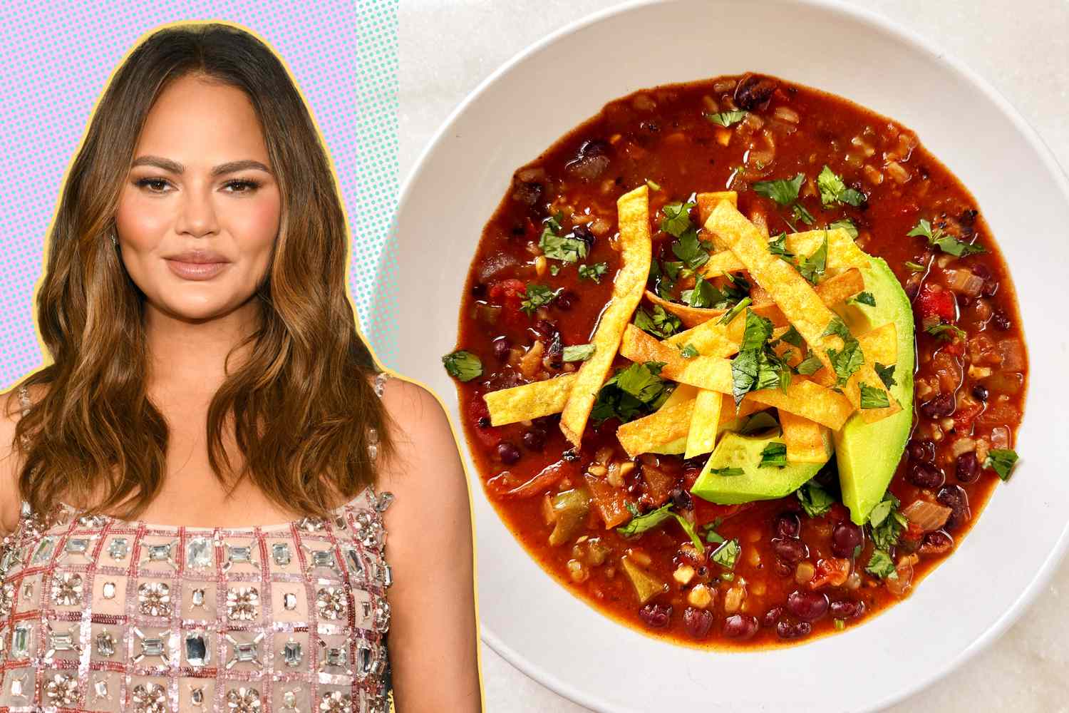 Headshot of Chrissy Teigen next to a bowl of her Veggie Tortilla Stew topped with tortilla strips, avocado and cilantro