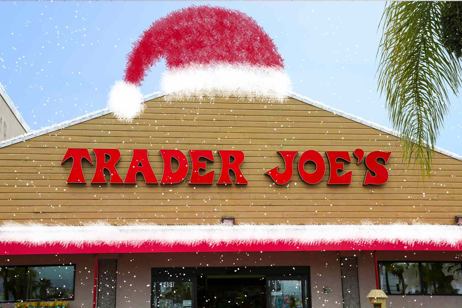Trader Joe's store front with a santa hat and snow illustrations