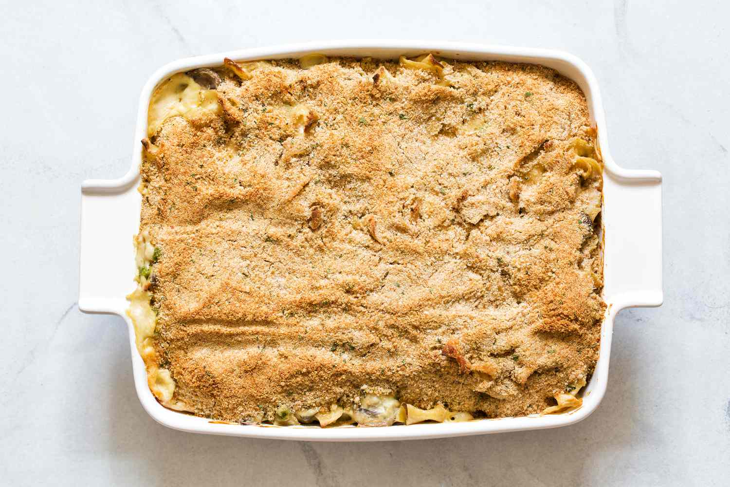 Overhead view of a white baking dish of baked Chicken Tetrazzini Casserole recipe after adding the breadcrumbs and Parmesan cheese topping