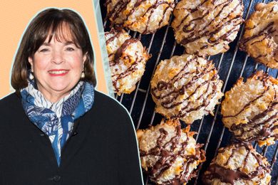 Ina Garten photo cut-out over a peach background next to a photo of her coconut macaroons 