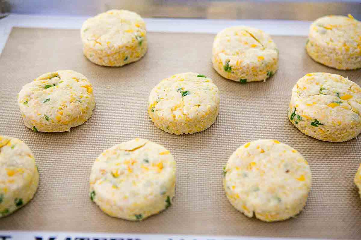 place cheddar biscuits on baking sheet