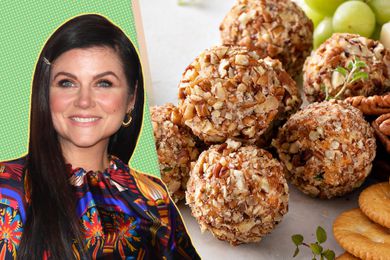 Headshot of Tiffani Thiessen on a green speckled background next to an image of seven cheese balls with round crackers and green grapes