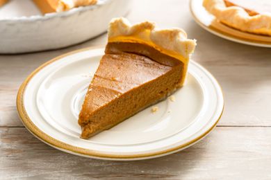 Slice of Vegan Pumpkin Pie on a Small Plate