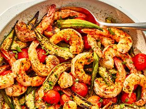 pan-roasted shrimp and okra in a pan