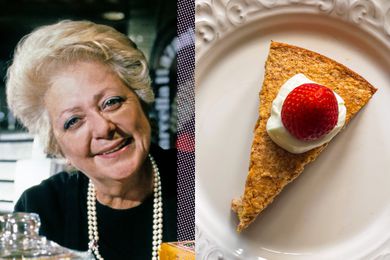 Marcella Hazan, a slice of almond cake topped with whipped cream and a strawberry