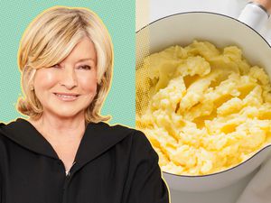 Photo cut-out of Martha Stewart next to a photo of a pot of mashed potatoes