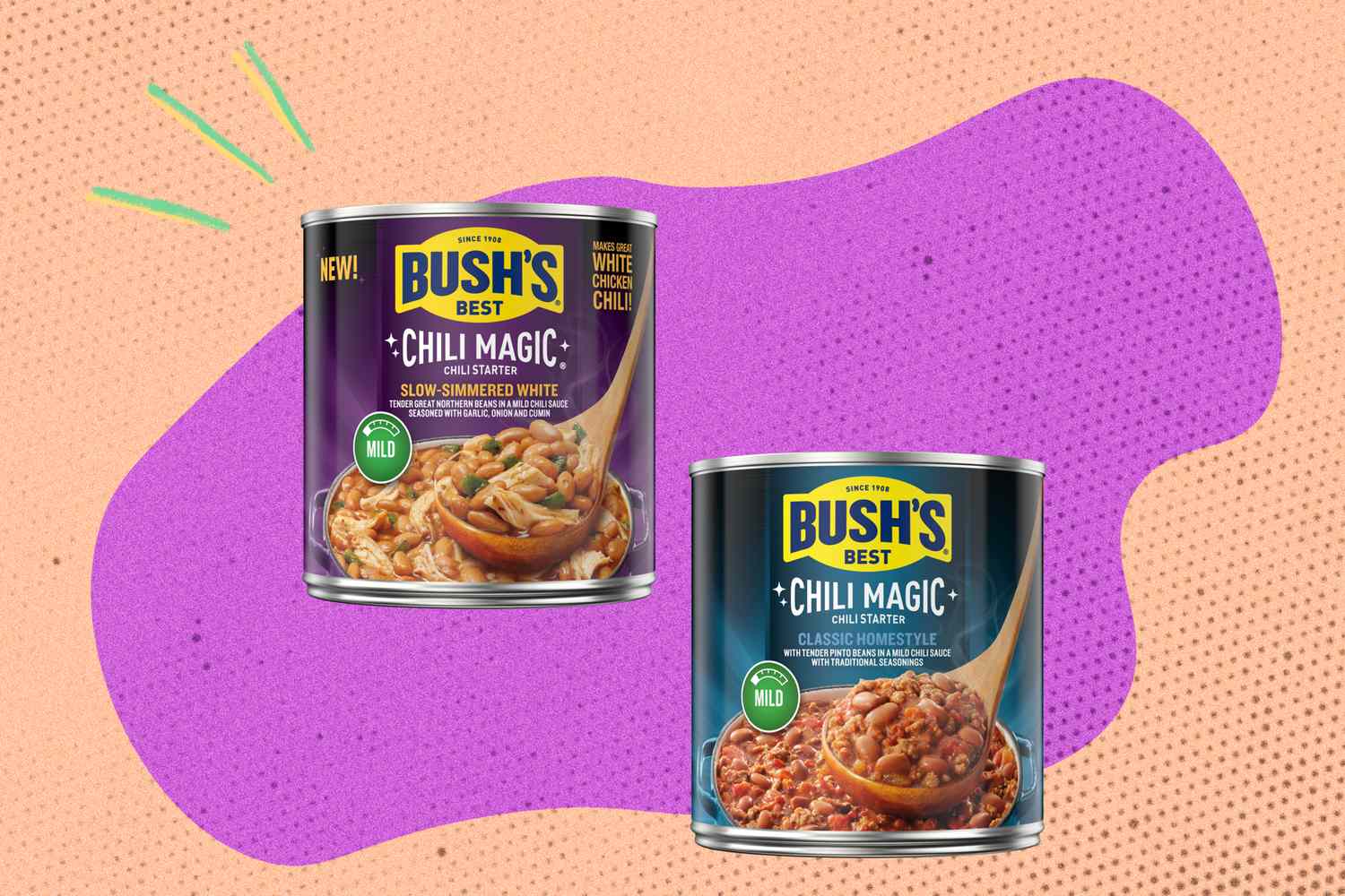 Two cans of Bushs Best Chili Magic displayed against a colorful background