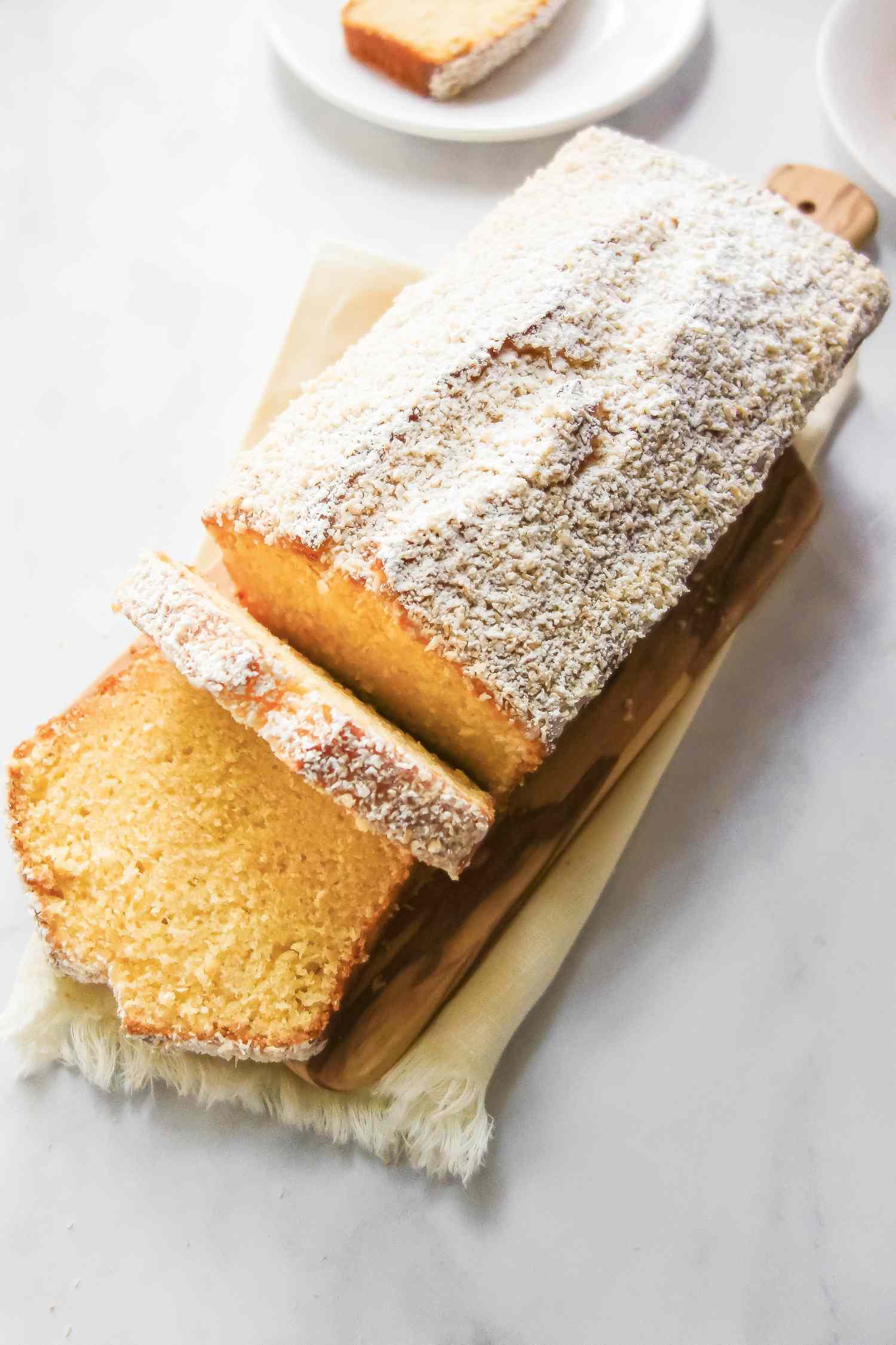 Coconut Pound Cake on cutting board.