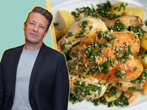 A split image of Jamie Oliver and a pot roast chicken dish