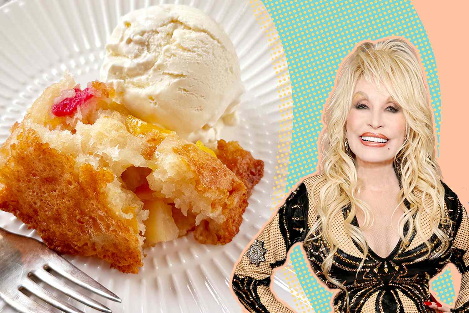 Dolly Parton next to a plate of fruit cocktail cake with a scoop of ice cream