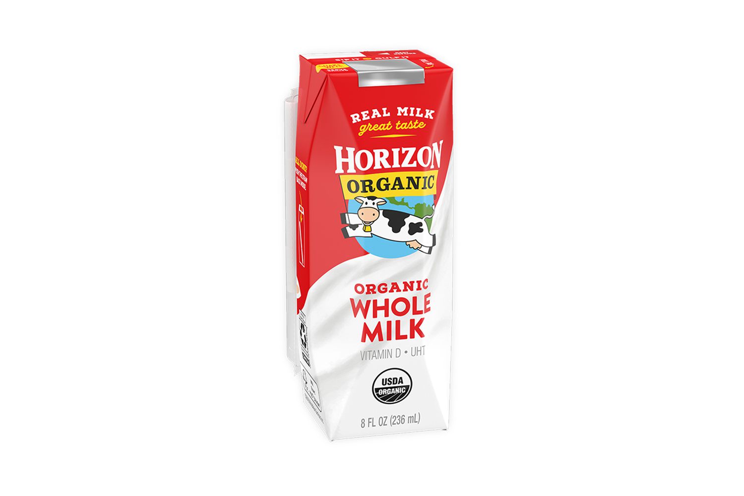 An 8-ounce carton of shelf-stable Horizon Organic whole milk
